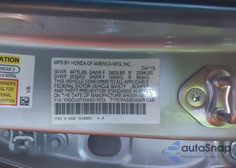 2019 Honda Accord Ex-L 2.0T из США, поврежденный, VIN 1HGCV2F5XKA019733